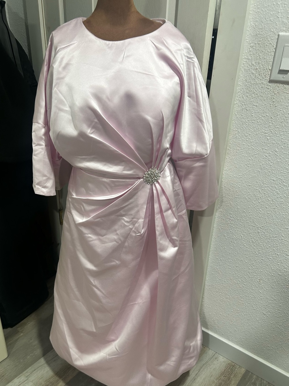 Satin Light Pink Midi Dress with Side Brooch